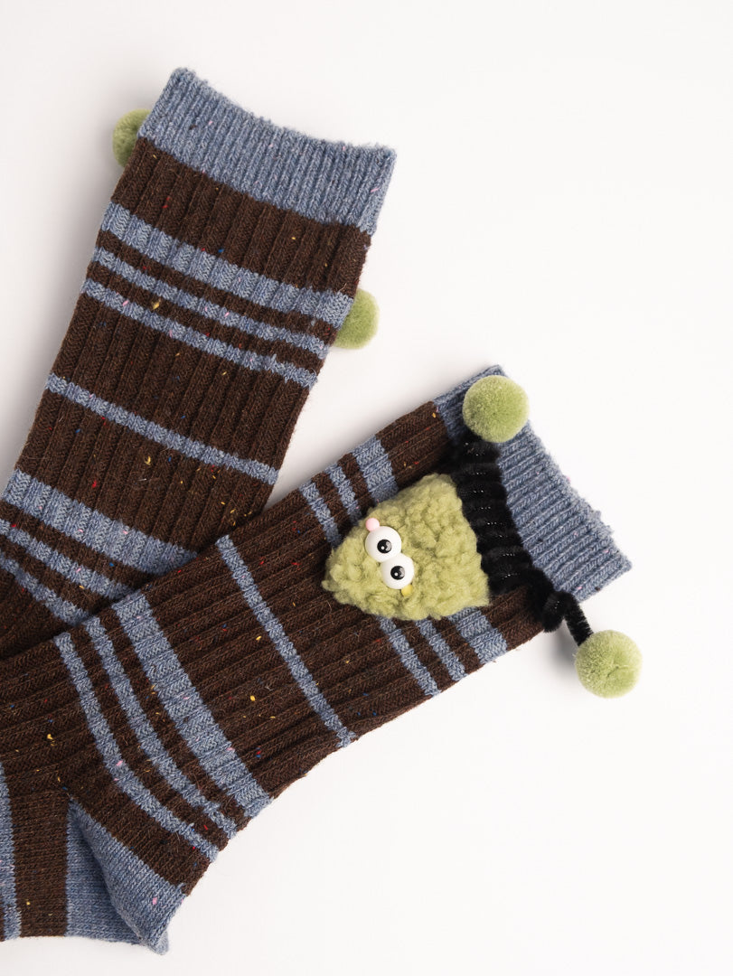 women fuzzy striped crew socks brown blue warm cozy winter socks