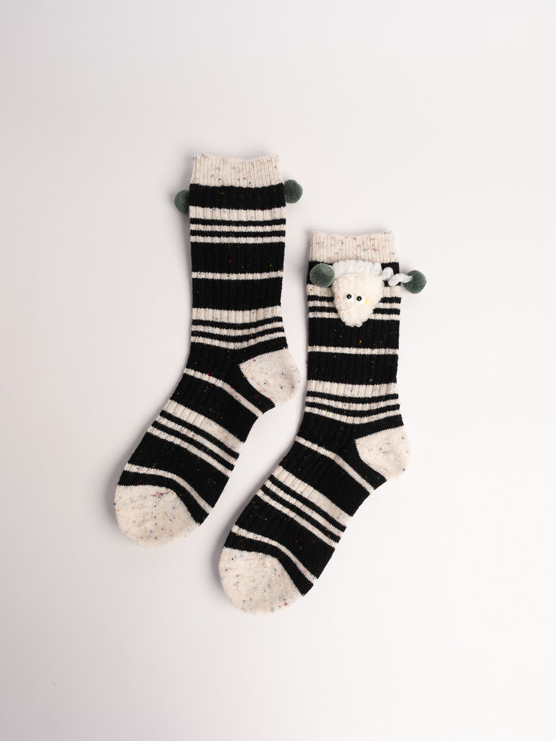 cute women fuzzy striped crew socks black white pom pom sheep ears cozy winter socks