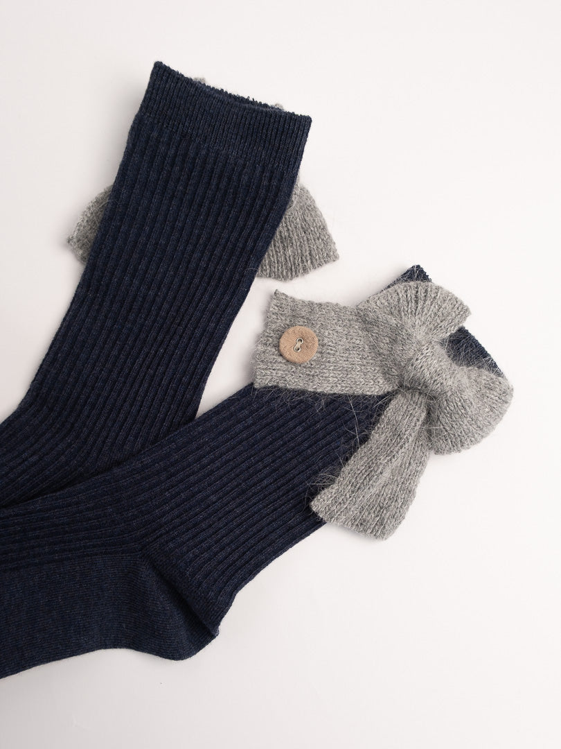 women cotton crew socks navy ribbed knit bow detail warm cozy socks