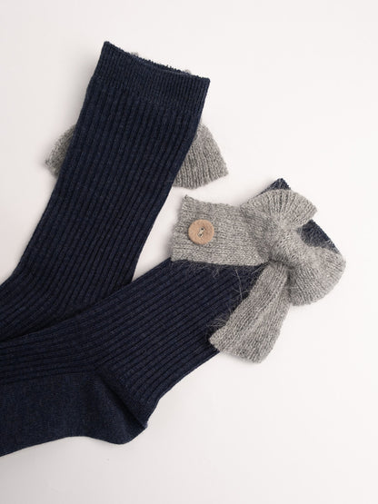 women cotton crew socks navy ribbed knit bow detail warm cozy socks