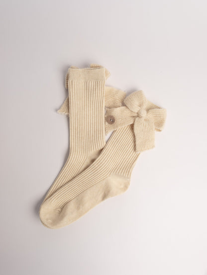 women cotton crew socks beige ribbed knit bow detail soft cozy winter socks