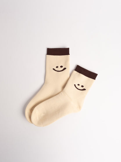women cotton crew socks light beige smiley face pattern soft everyday socks