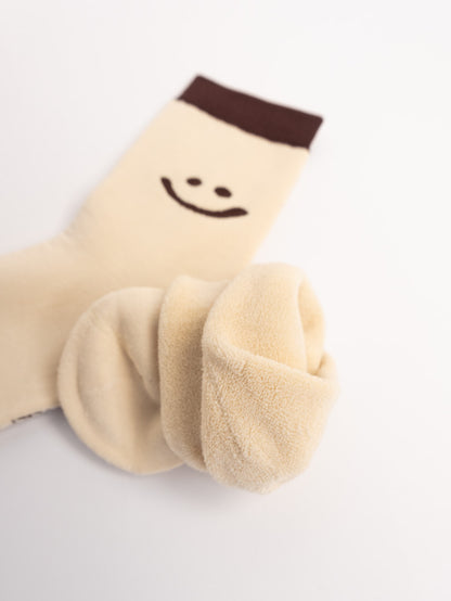 women cotton crew socks beige smiley face detail soft comfortable socks