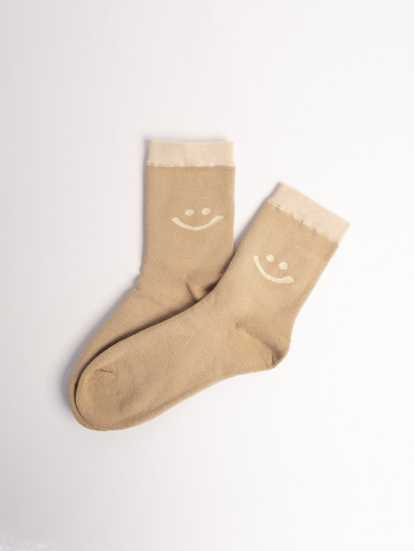 women cotton crew socks beige smiley face pattern soft cozy everyday socks