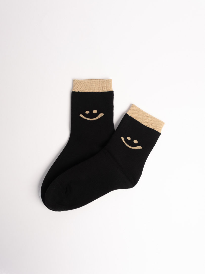 women cotton crew socks black smiley face pattern breathable casual socks