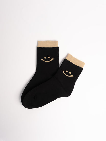 women cotton crew socks black smiley face pattern breathable casual socks