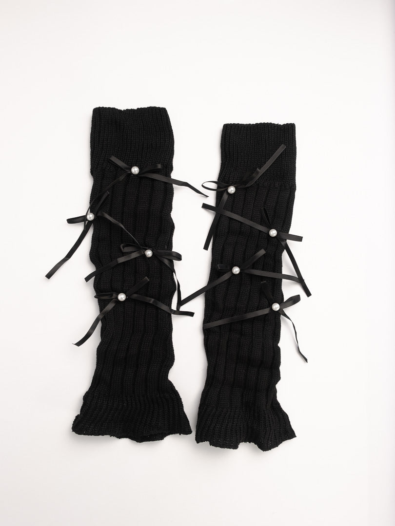 women leg warmers black ribbed knit bow detail warm winter leg warmers