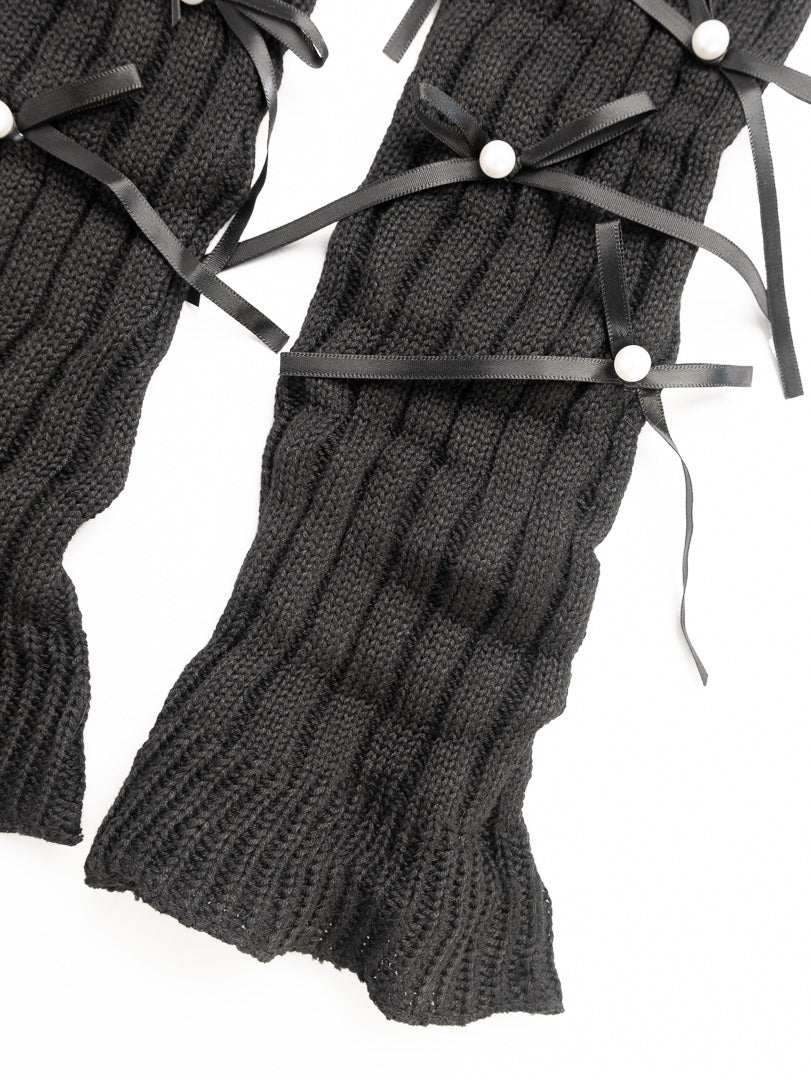 women leg warmers black bow detail ribbed knit winter leg warmers close up
