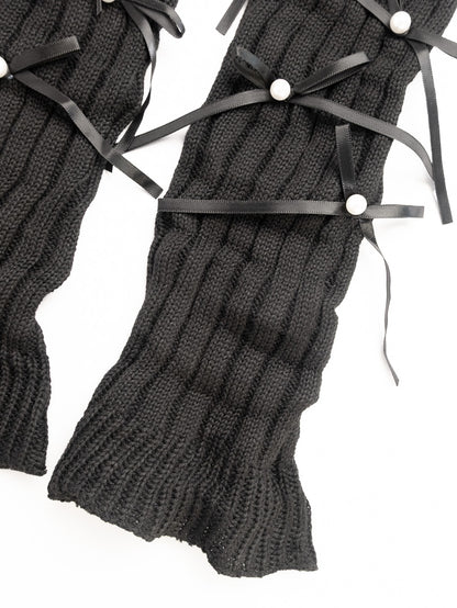 women leg warmers black bow detail ribbed knit winter leg warmers close up