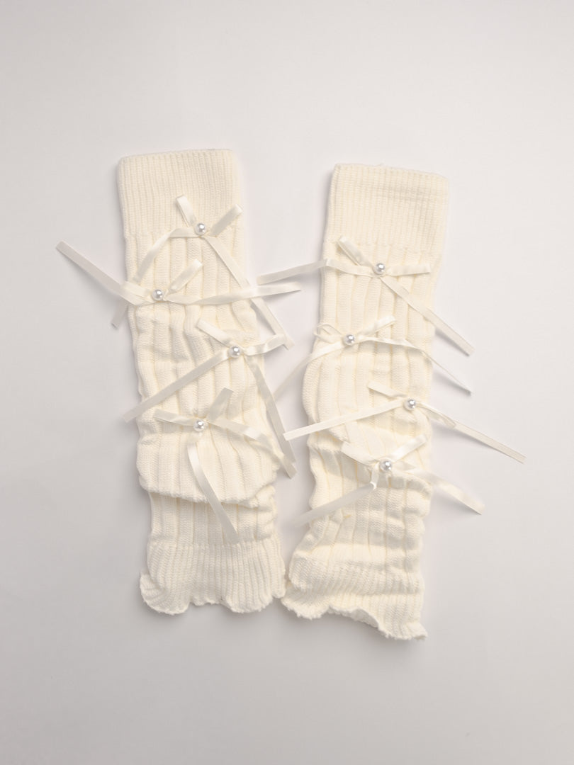 women leg warmers cream ribbed knit bow detail cozy winter leg warmers