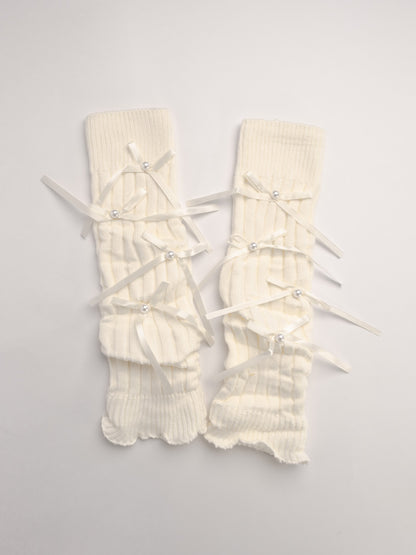 women leg warmers cream ribbed knit bow detail cozy winter leg warmers