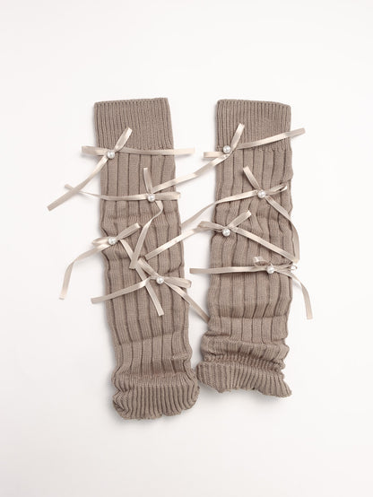 women merino wool blend leg warmers beige ribbed knit bow detail soft warm winter leg warmers