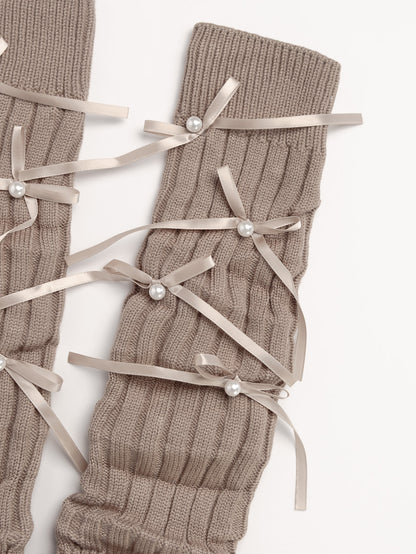 women beige ribbed knit leg warmers bow detail soft warm winter leg warmers