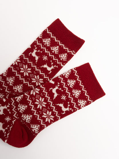 women cotton crew socks red snowflake pattern detail cozy winter socks