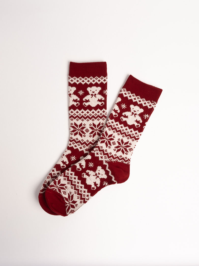 women cotton crew socks red nordic snowflake pattern cozy winter socks