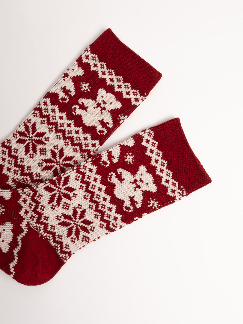 women cotton crew socks nordic snowflake ribbed cuff detail winter socks