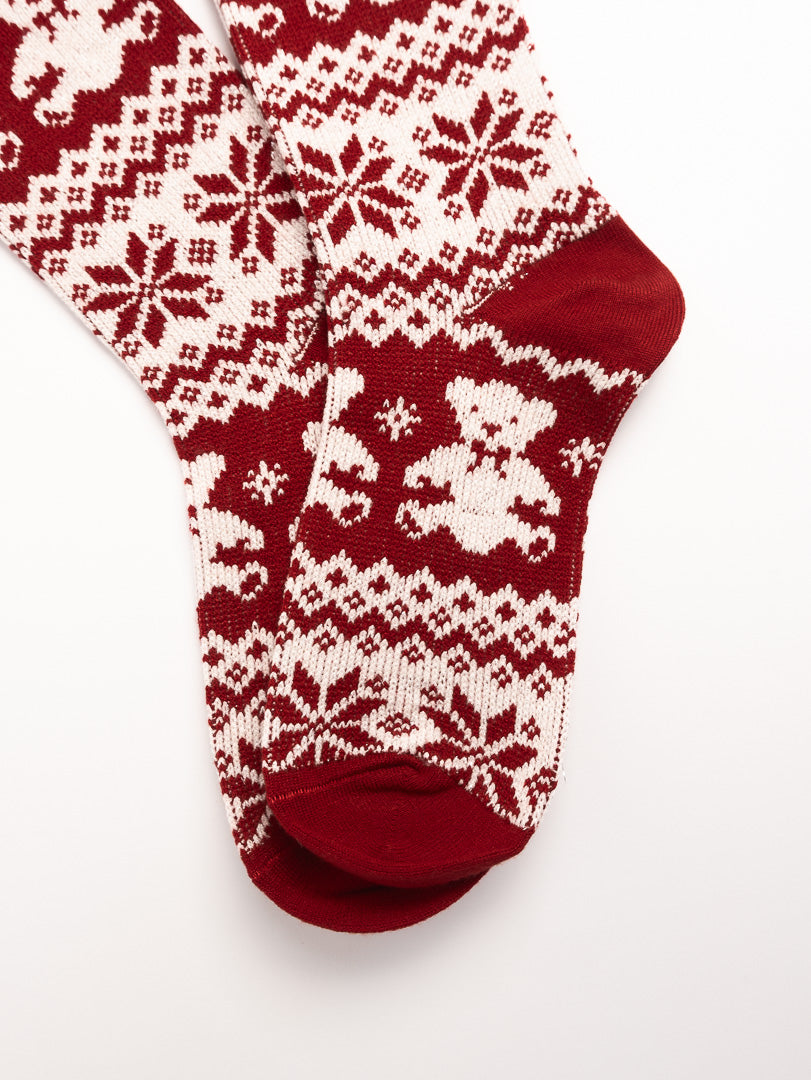 women cotton crew socks red snowflake pattern folded cozy winter socks