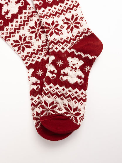 women cotton crew socks red snowflake pattern folded cozy winter socks