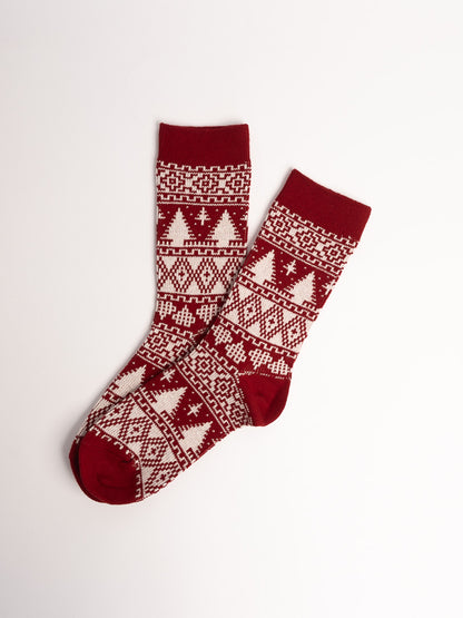 women cotton crew socks red nordic snowflake design warm cozy socks