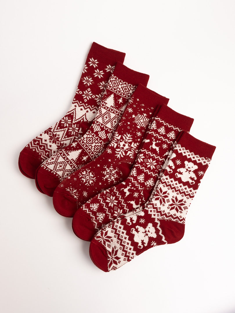 women cotton crew socks red snowflake pattern festive winter socks