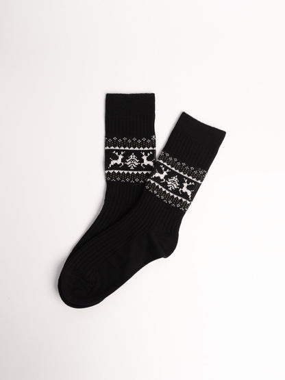 women cotton crew socks black nordic reindeer pattern warm winter socks