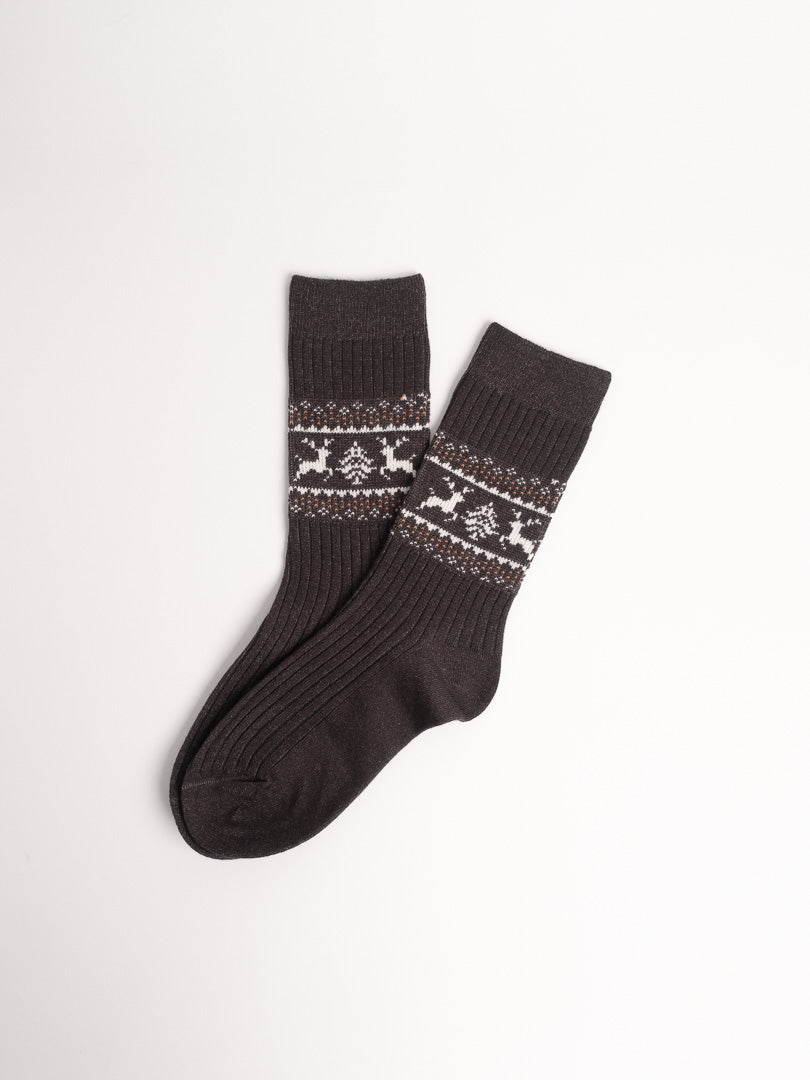 women cotton crew socks dark grey nordic reindeer pattern cozy winter everyday socks