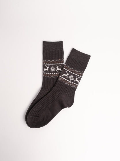 women cotton crew socks dark grey nordic reindeer pattern cozy winter everyday socks