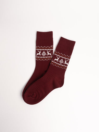 women cotton crew socks red nordic reindeer pattern festive cozy winter socks