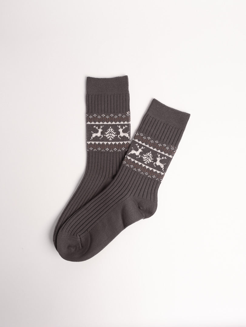 women ribbed cotton crew socks grey nordic reindeer pattern cozy winter everyday socks