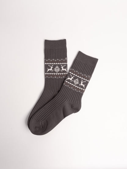 women ribbed cotton crew socks grey nordic reindeer pattern cozy winter everyday socks