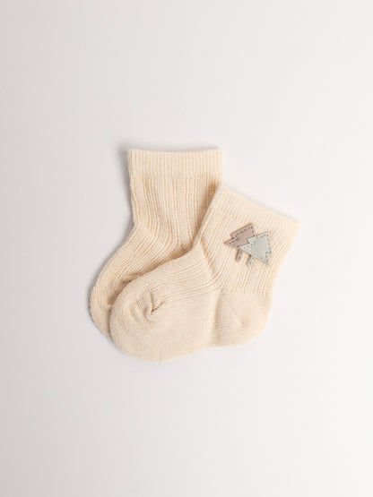 Beige baby cotton socks with embroidery, soft ribbed knit baby socks
