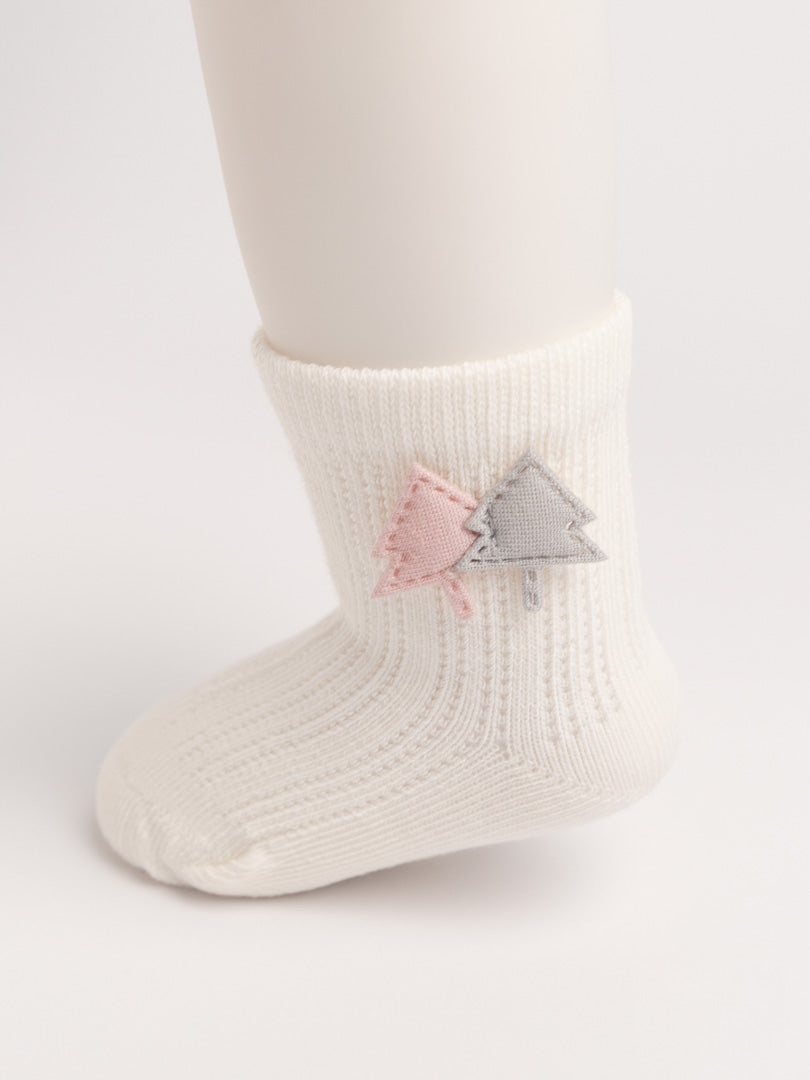White baby cotton socks with tree embroidery, soft ribbed knit, ankle length