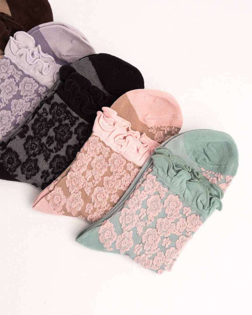 Women’s French Vintage Combed Cotton Floral Socks – Soft Elegant Crew Socks