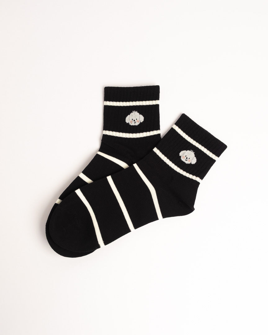 Women's black puppy stripe cotton crew socks with soft breathable comfort and striped design