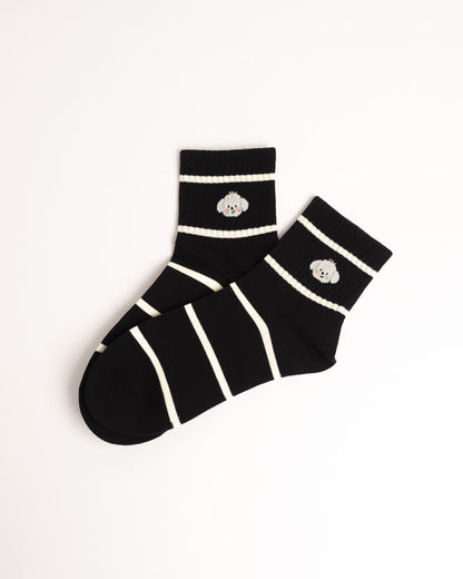 Women's black puppy stripe cotton crew socks with soft breathable comfort and striped design