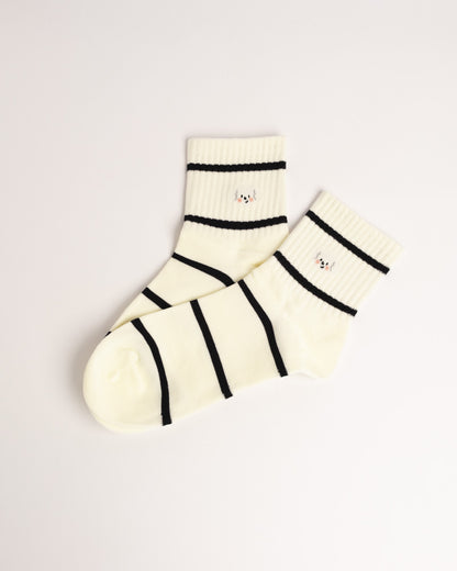 Women's black stripe cotton crew socks with puppy embroidery and everyday comfort