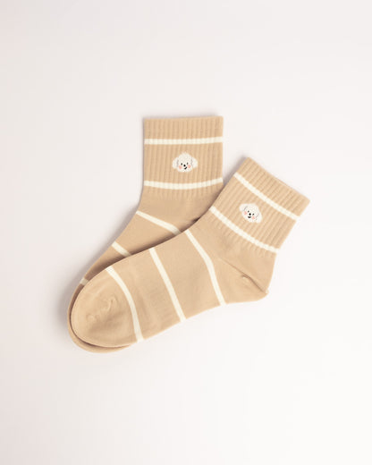 Women's beige puppy stripe cotton crew socks with soft cotton comfort and casual style