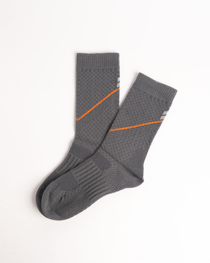 Women's grey performance crew socks with breathable athletic knit and cushioned comfort