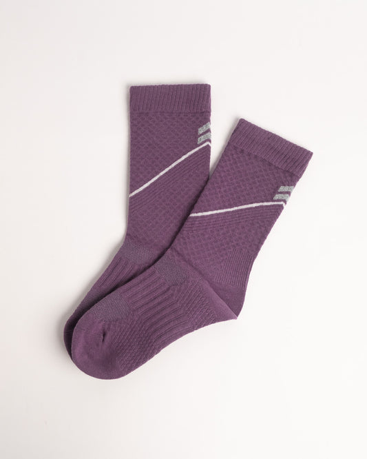Women's purple performance crew socks for hiking and cycling with breathable knit and cushioned comfort