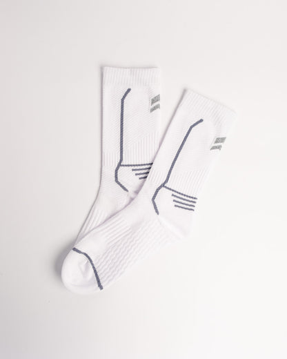 Men's white performance crew socks with breathable sports knit and seamless toe comfort