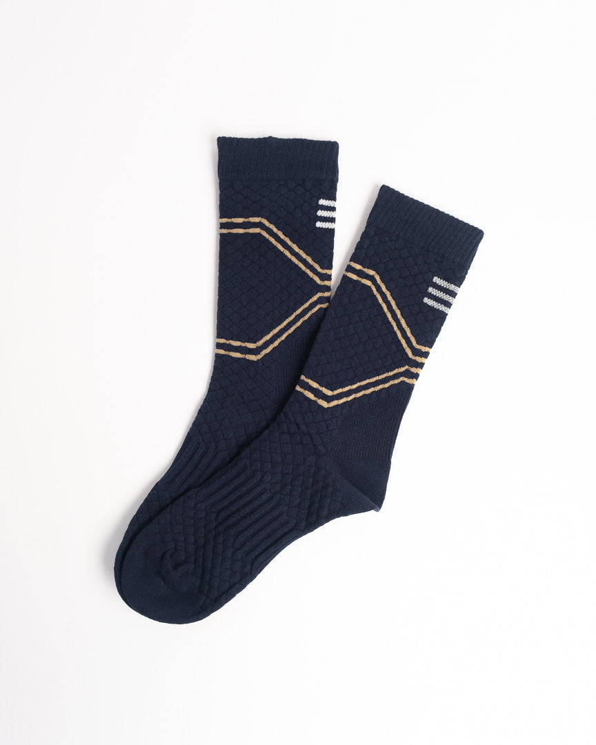 Men's athletic crew socks in navy blue with breathable cotton blend and arch support