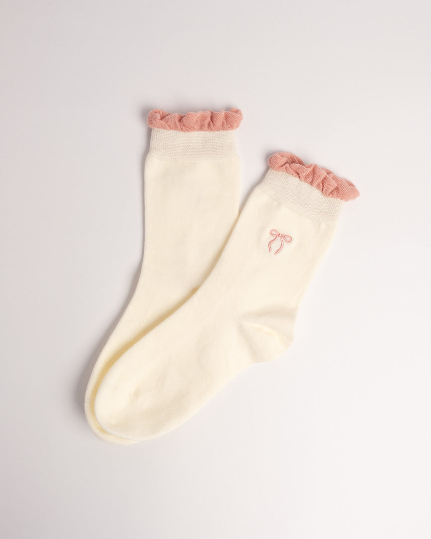 Women's Bow Embroidery Cotton Crew Socks – Ruffle Trim Everyday Socks