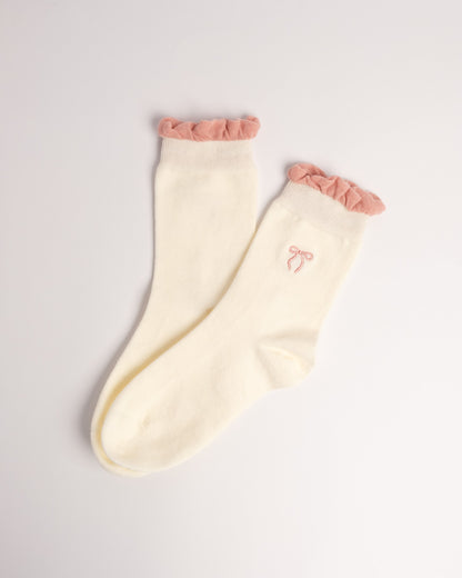 Women's Bow Embroidery Cotton Crew Socks – Ruffle Trim Everyday Socks