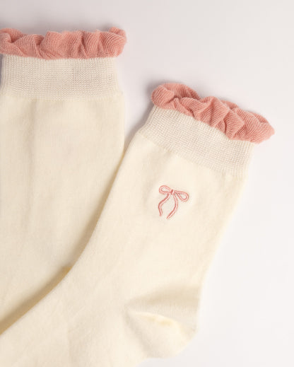 Women's Bow Embroidery Cotton Crew Socks – Ruffle Trim Everyday Socks