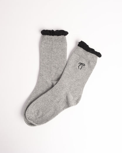 Women's Bow Embroidery Cotton Crew Socks – Ruffle Trim Everyday Socks