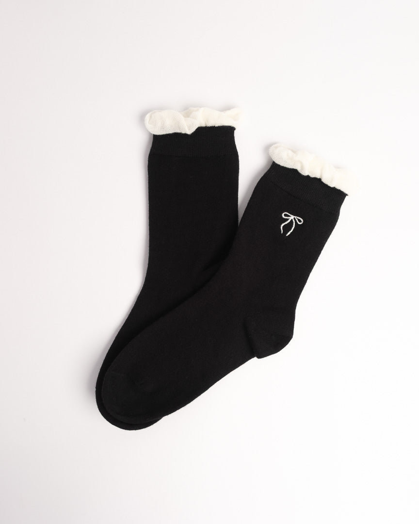 Women's Bow Embroidery Cotton Crew Socks – Ruffle Trim Everyday Socks