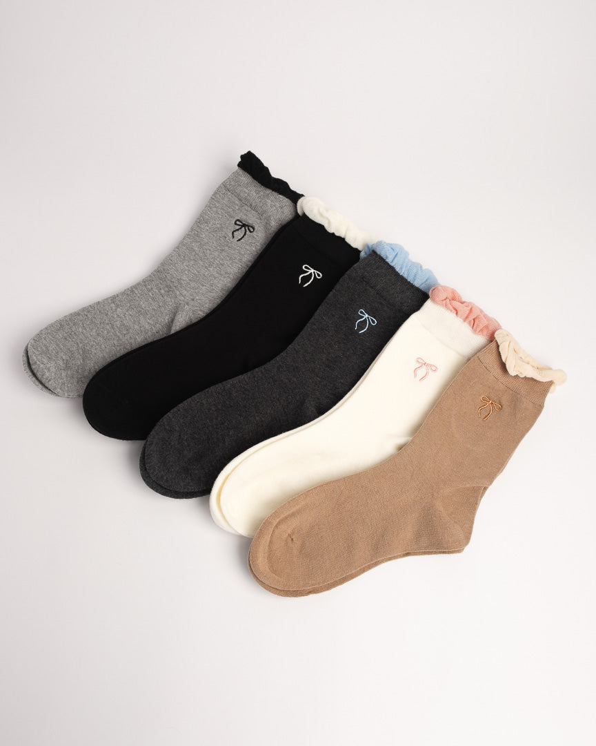 Women's Bow Embroidery Cotton Crew Socks – Ruffle Trim Everyday Socks