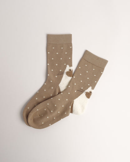 Fuzzy Cat Polka Dot Cotton Crew Socks – Light Brown