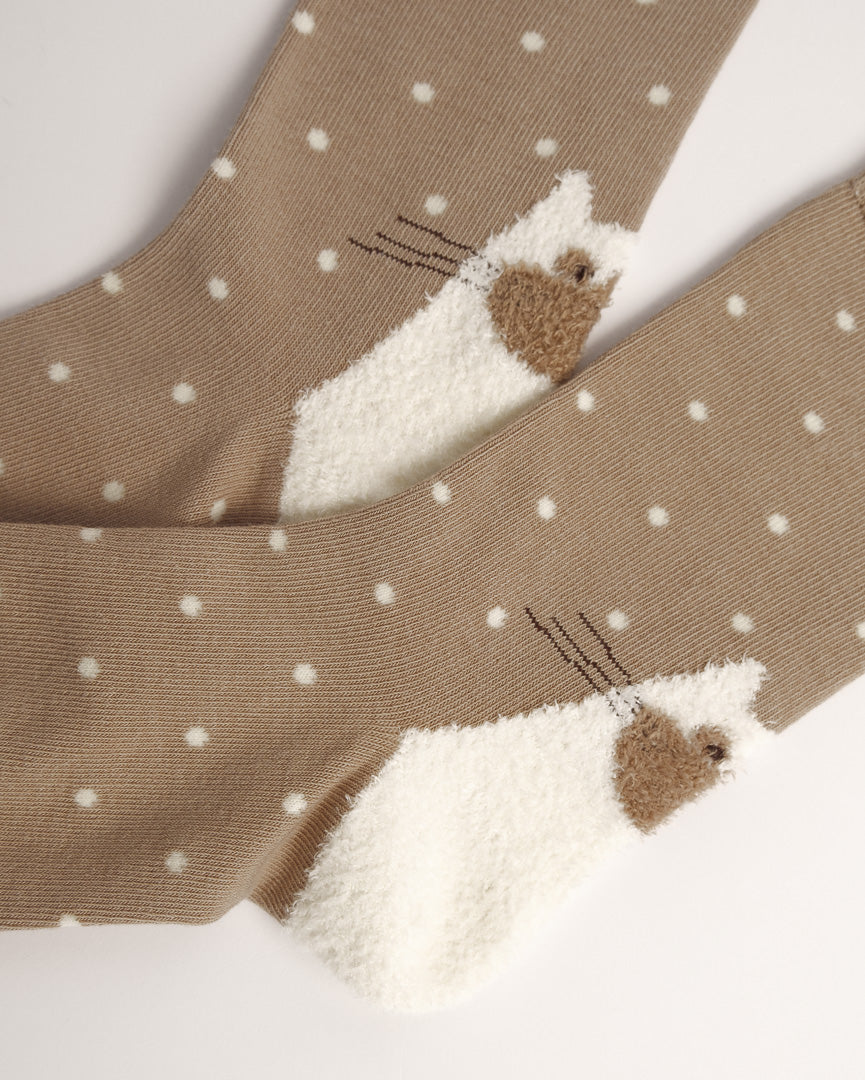 Fuzzy Cat Polka Dot Cotton Crew Socks – Light Brown