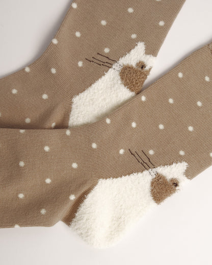 Fuzzy Cat Polka Dot Cotton Crew Socks – Light Brown